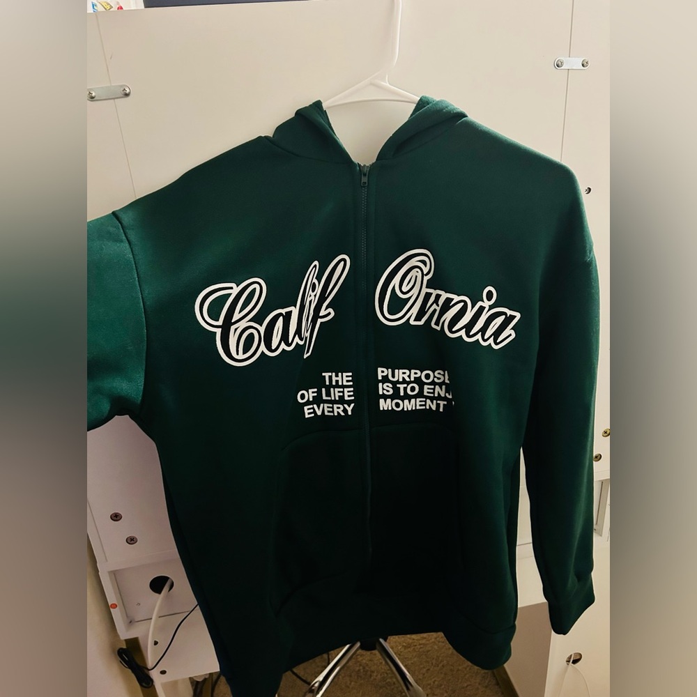 California Emerald Green Dark Green Fleece Lined Zip Up Sweater Coat Jacket